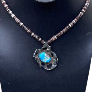 Vintage Navajo Freeform Sterling Silver Necklace Turquoise Pendant Heishi Beads